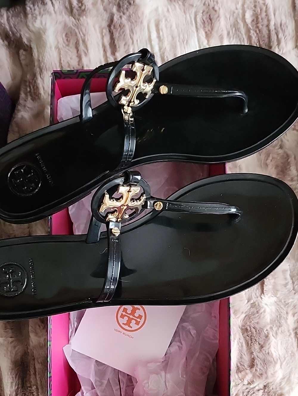 Tory Burch Black Jelly Thong Sandals with Gold Logo